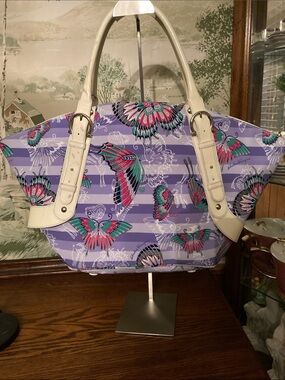 Salvatore Ferragamo Lavender & White Striped Patent Leather Buckle Shopper Tote